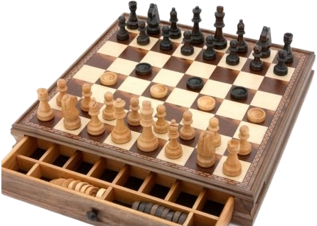 Dal Rossi Chess / Checkers in Walnut Box - With Drawer (pieces in separate baggie)