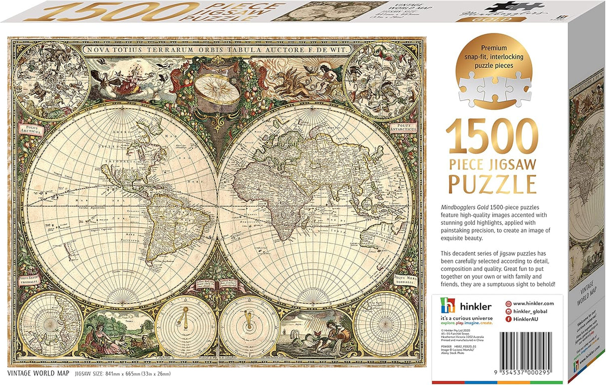 Mindbogglers Gold 1500pc Puzzle - Vintage World Map