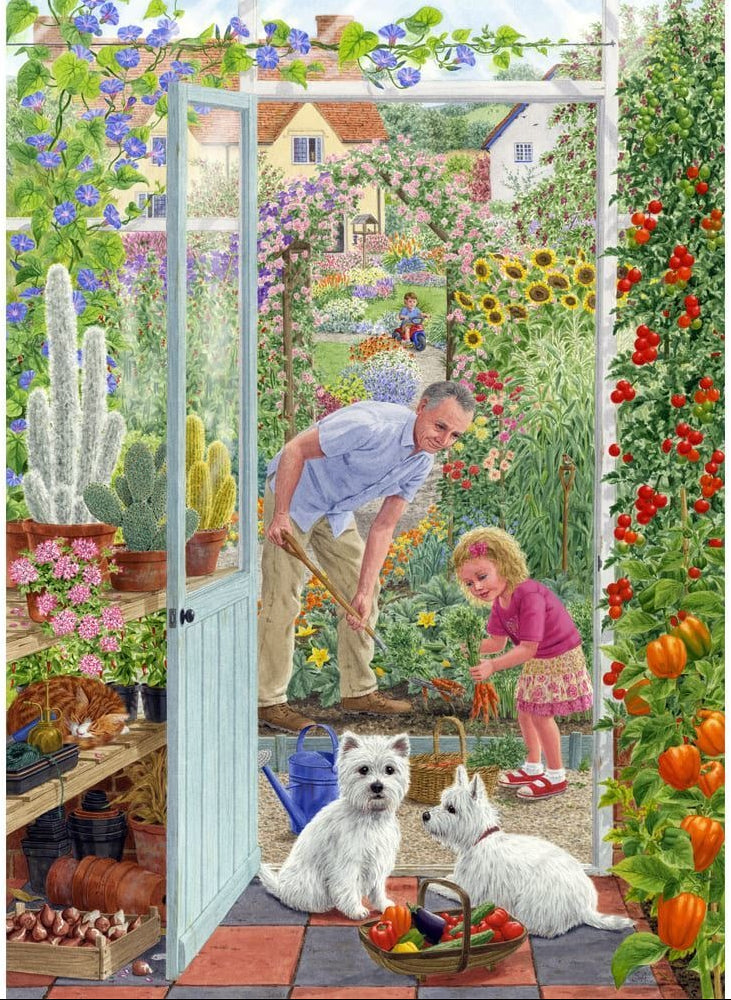 Out the Back Door: 500pc XL Puzzle Puzzle - Veggie Garden Yorkies