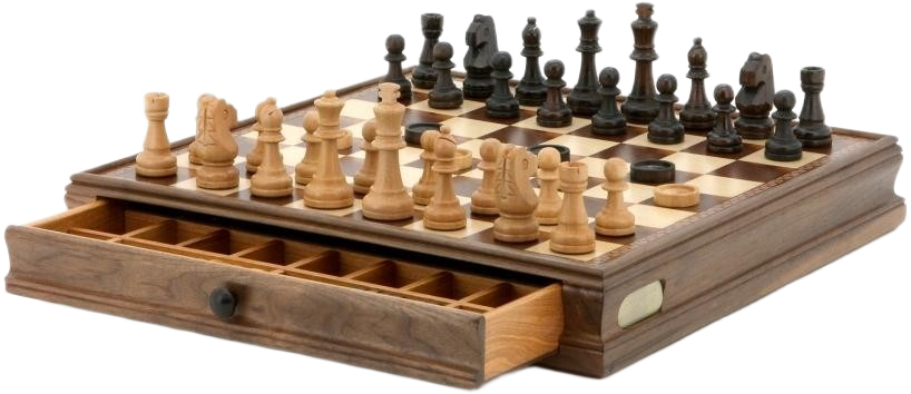 Dal Rossi Chess / Checkers in Walnut Box - With Drawer (pieces in separate baggie)