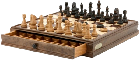 Dal Rossi Chess / Checkers in Walnut Box - With Drawer (pieces in separate baggie)