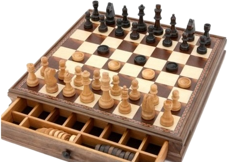 Dal Rossi Chess / Checkers in Walnut Box - With Drawer (pieces in separate baggie)