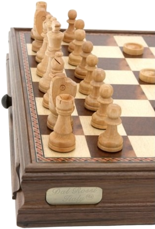 Dal Rossi Chess / Checkers in Walnut Box - With Drawer (pieces in separate baggie)