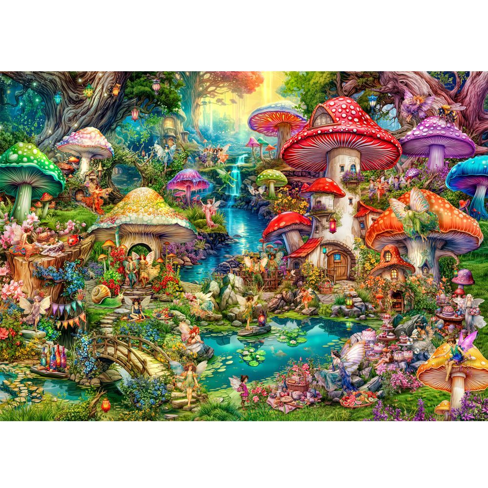 Wispwing Willows  - 1000 Piece Jigsaw Puzzle Merry Mushroom Village Picnic