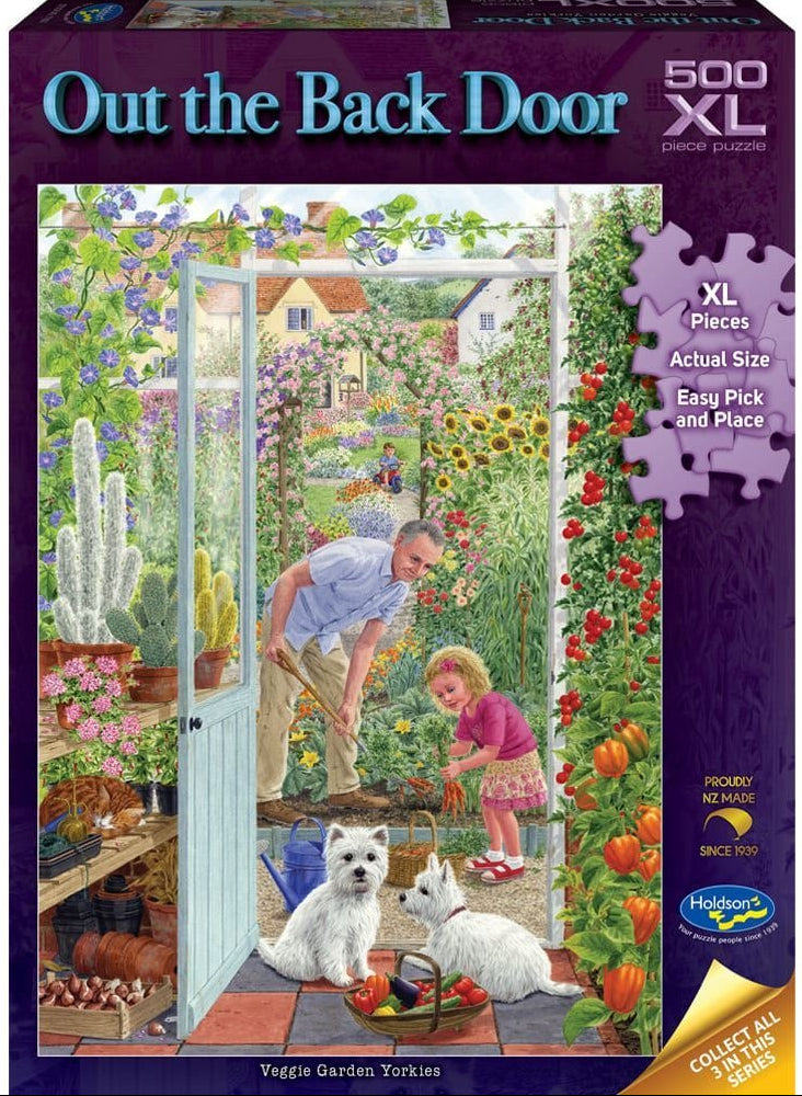 Out the Back Door: 500pc XL Puzzle Puzzle - Veggie Garden Yorkies